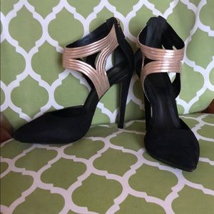 5” Black Suede Stilettos with Gold Strapping